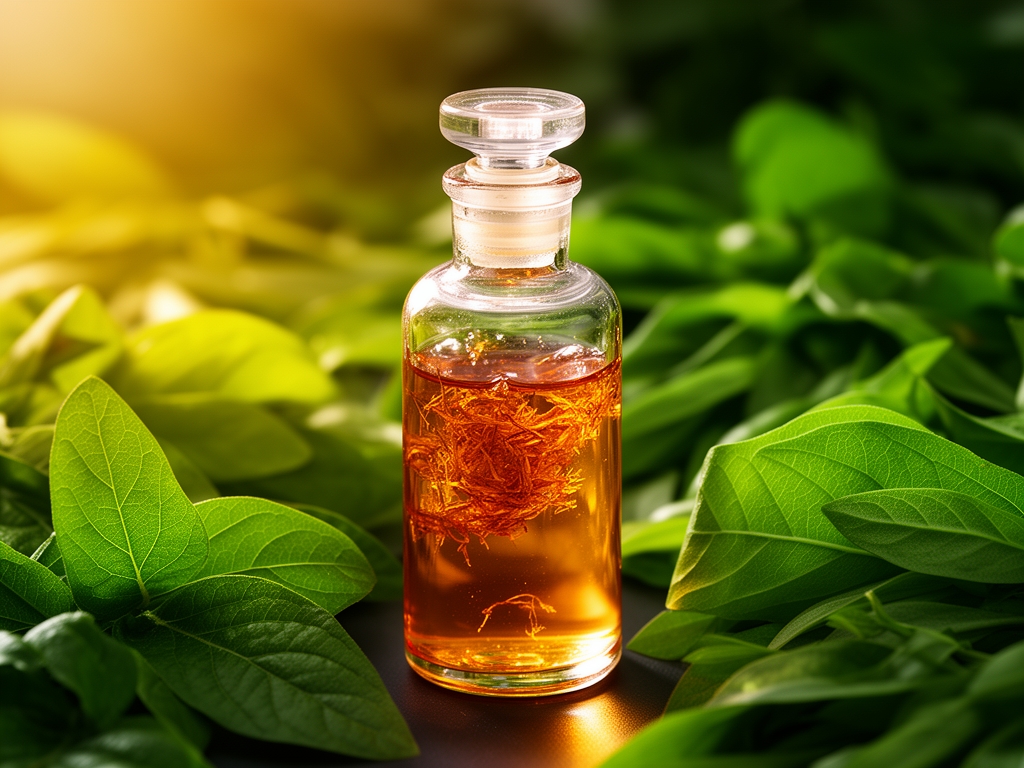 Flacon en verre transparent contenant un extrait végétal ambré, posé sur fond de feuilles vertes fraîches avec une lumière latérale chaude qui crée une translucidité et des reflets dorés dans le liquide