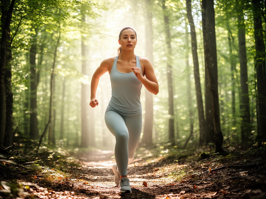 Personne en tenue de sport légère pratiquant une activité physique en pleine nature dans un cadre forestier baigné de lumière matinale filtrée par le feuillage, créant un jeu de lumière et d'ombre dynamique et énergique