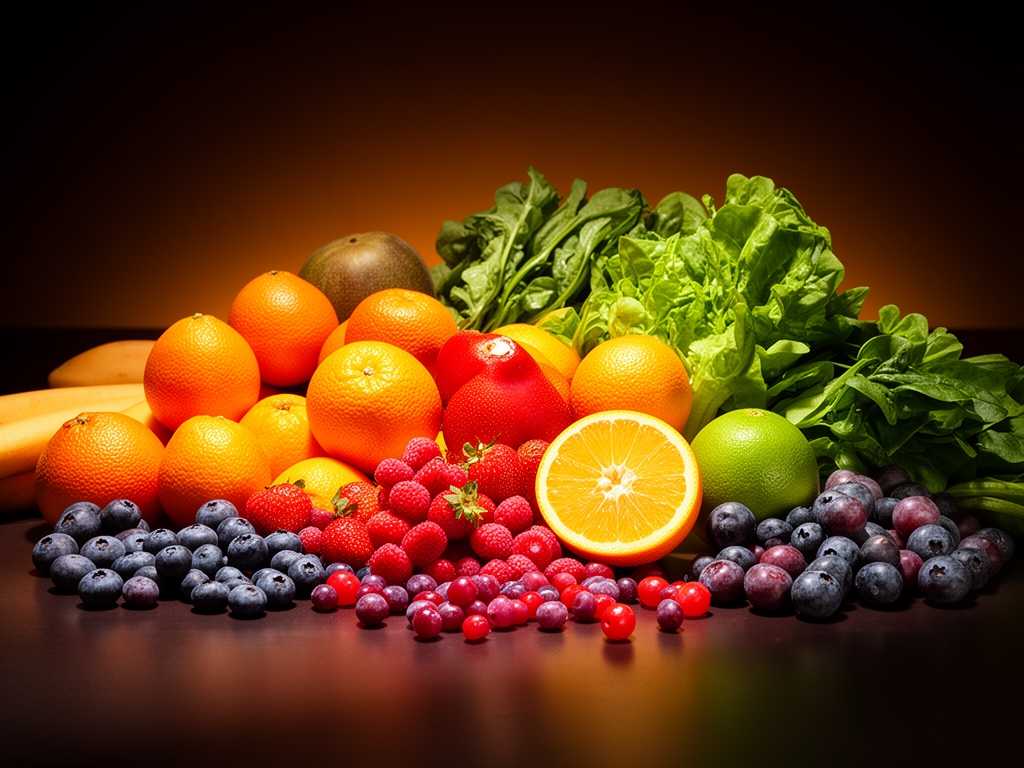 Composition artistique de fruits et légumes variés aux couleurs vives — agrumes, baies, légumes verts — arrangés sur fond sombre avec un éclairage directionnel warm qui crée des reflets et ombres profondes