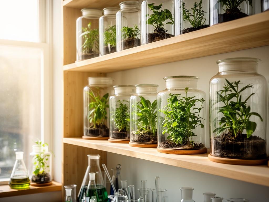 Ambiance de laboratoire de recherche botanique avec des plantes en bocaux hermétiques sur des étagères en bois clair, éclairage naturel latéral doux entrant par une fenêtre, créant une atmosphère studieuse et scientifique