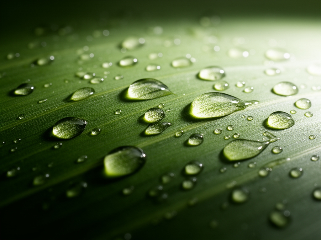 Plan rapproché cinématographique de gouttes de sérum transparent sur une feuille verte lisse, avec un éclairage latéral qui révèle la texture et la brillance des gouttelettes en contraste avec la surface végétale